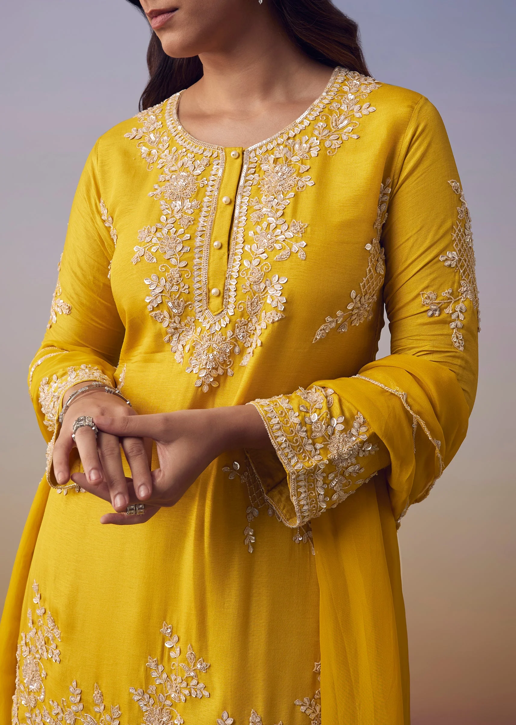Yellow Silk Sequin Kurta and Palazzo Set - Image 4