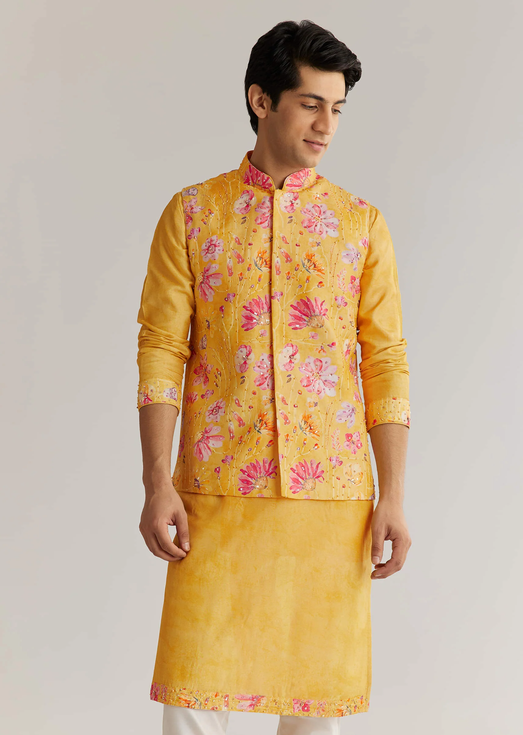 Yellow Silk Stone Sequins Cutdana Kurta Jacket Set