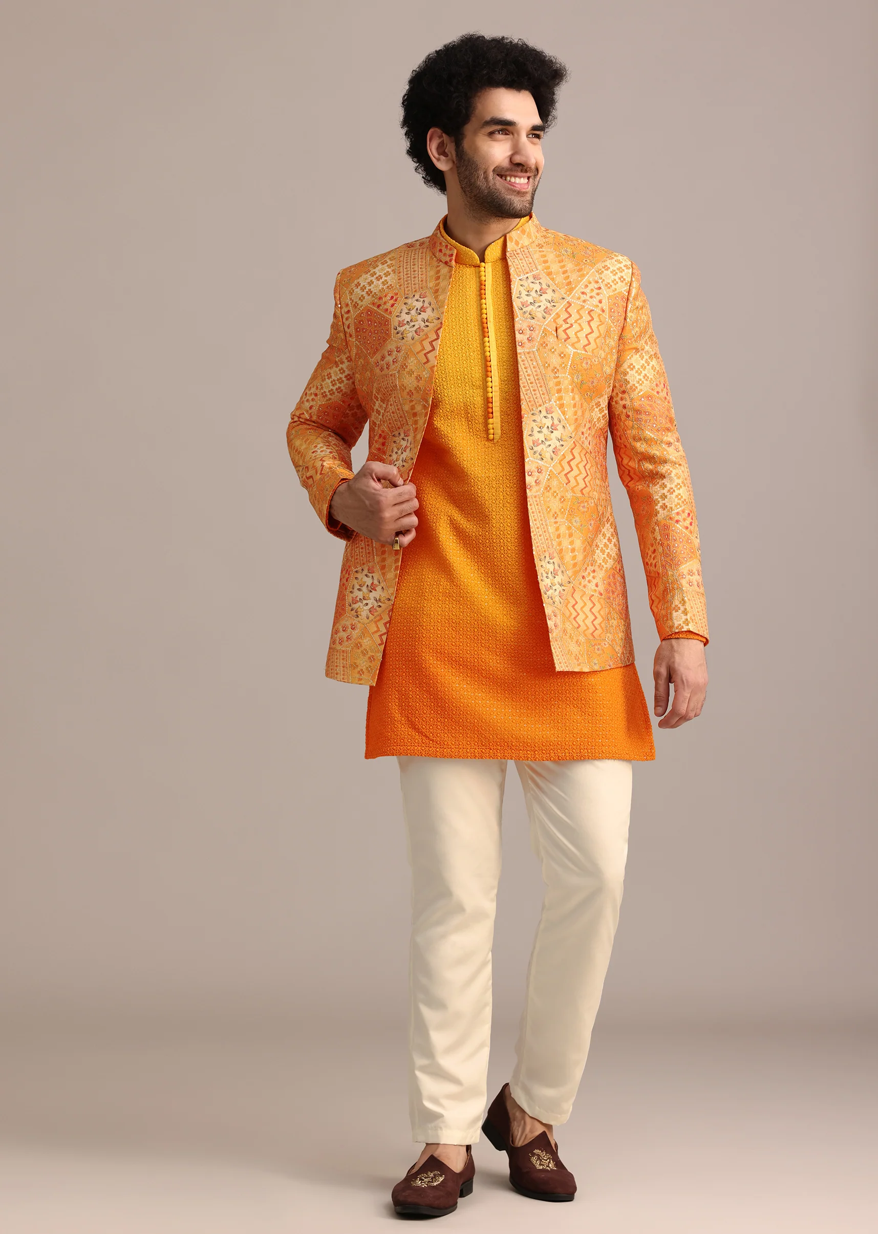 Yellow Silk Thread Resham Work Jodhpuri Kurta Set - Image 3