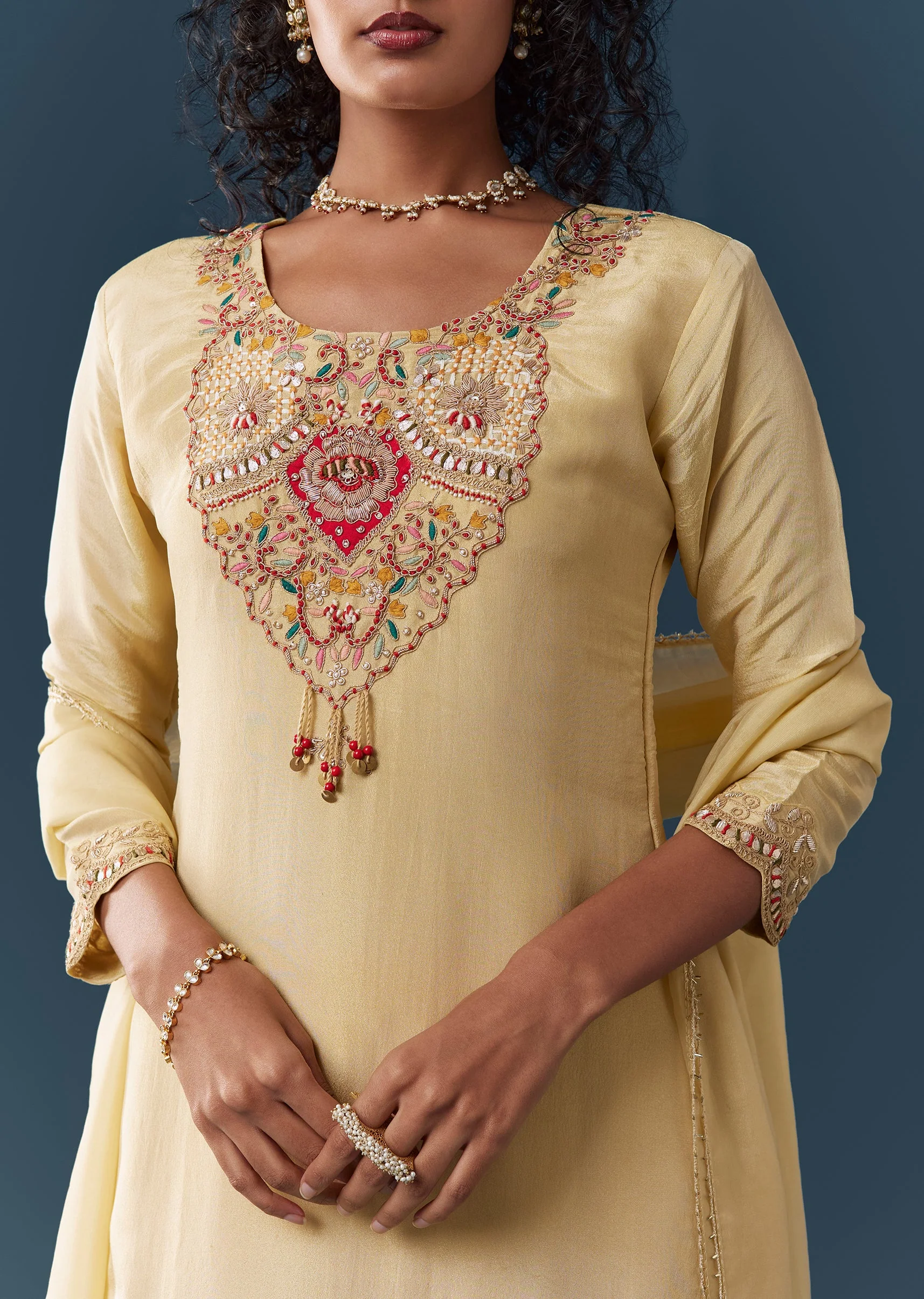 Yellow Tissue Kurta Pant Set With Dupatta - Image 2