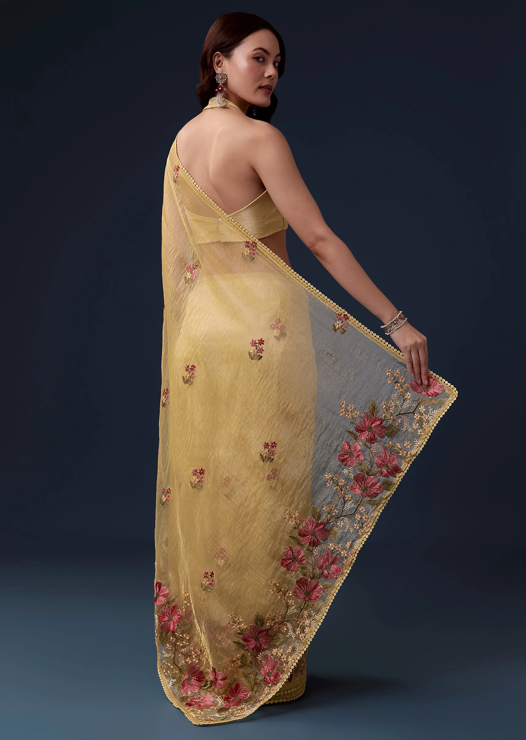Yellow Tissue Organza Saree With Multicolor Resham Thread And Lace Border - Image 4
