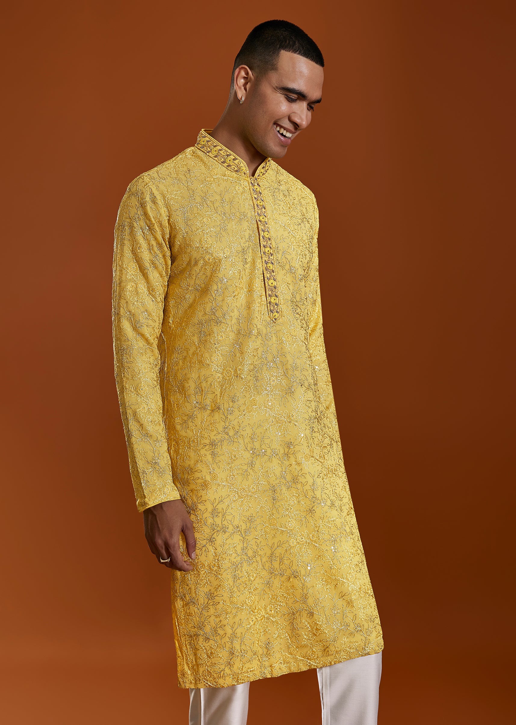 Yellow Tissue Resham Embroidered Kurta Set With Cutdana Beads - Image 4
