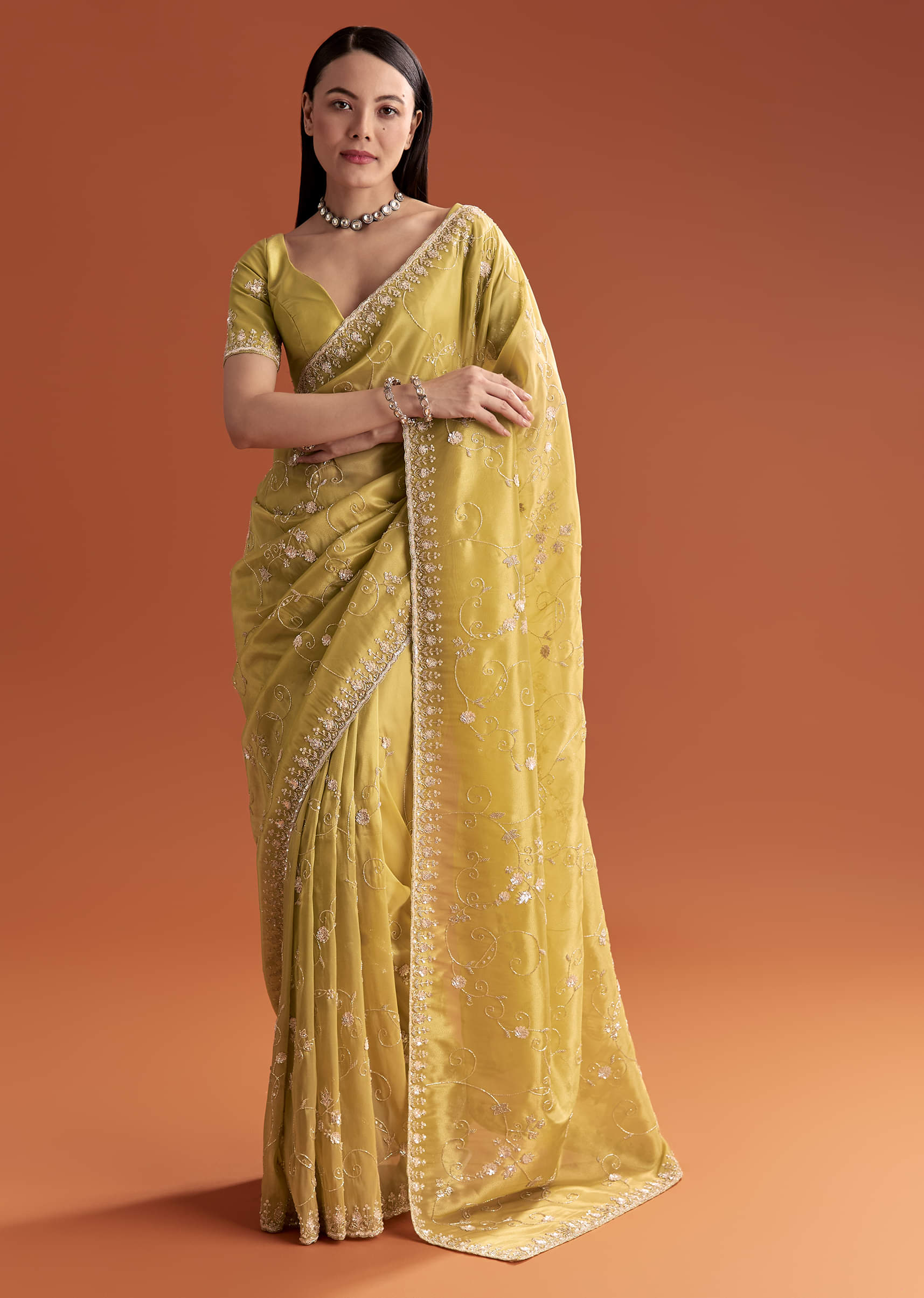 Yellow Tissue Saree With Floral Embroidery And Cutdana Work - Image 3