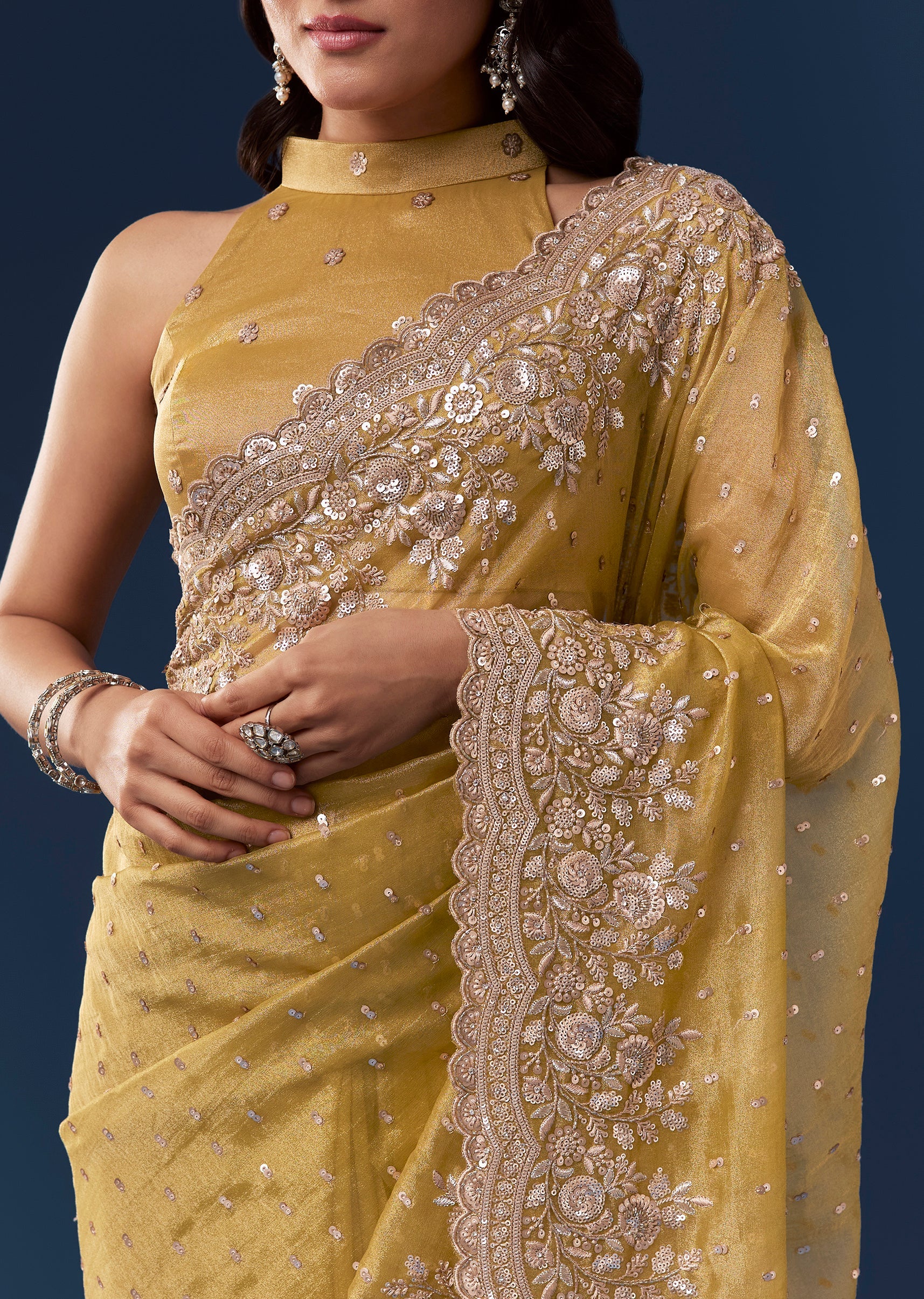 Yellow Tissue Saree With Scallop Heavy Embroidered Border And Sequin Work - Image 2