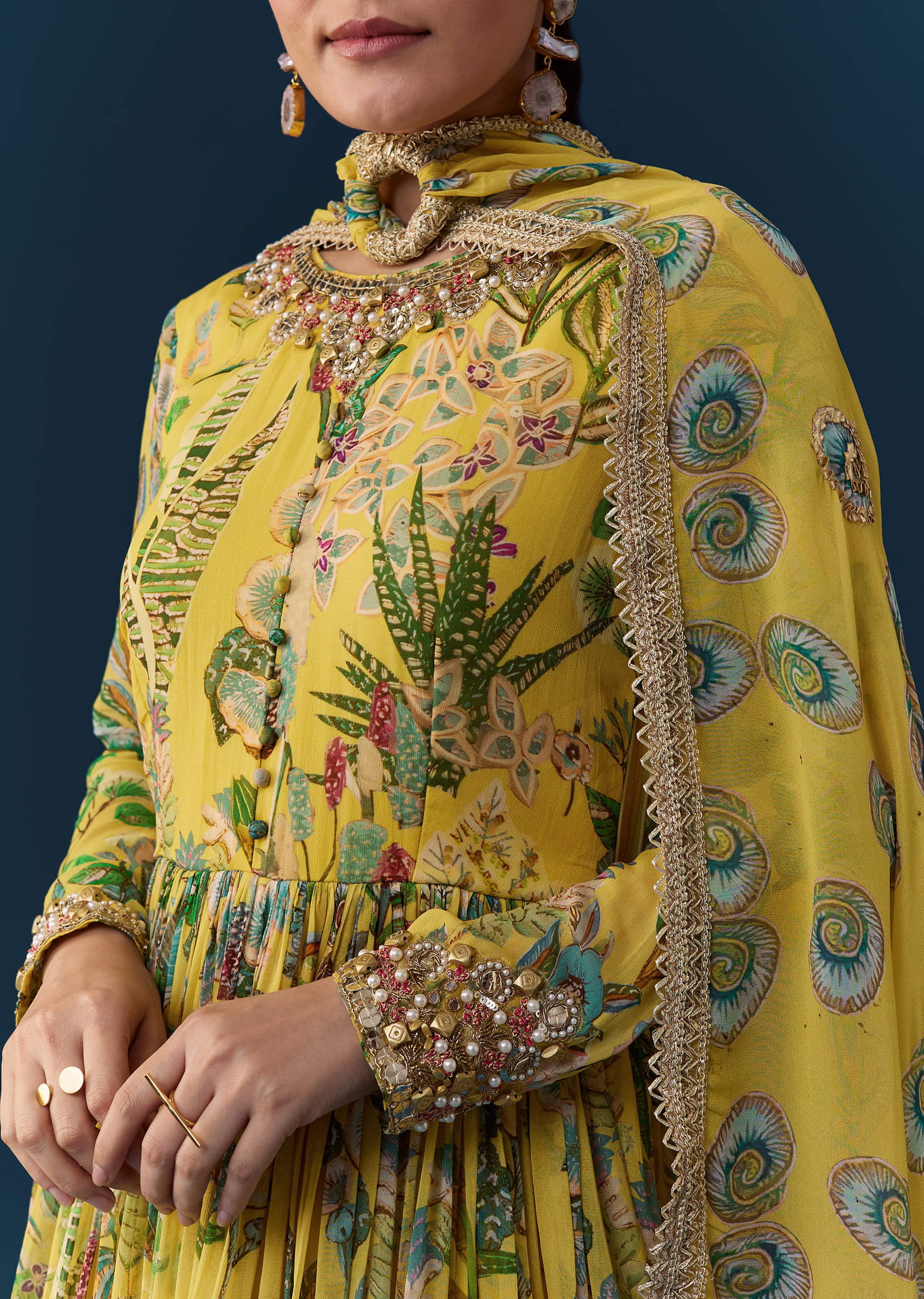 Yellow Tropical Print Georgette Anarkali with Moti Work - Image 2
