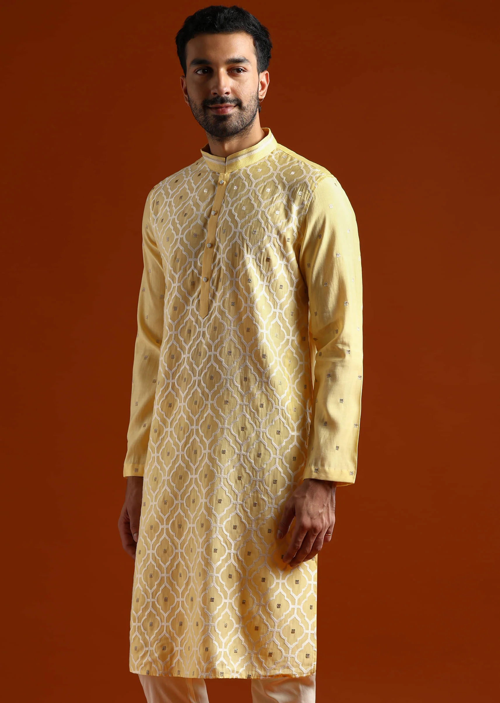 Yellow Viscose Kurta Set For Men With Resham Work - Image 3