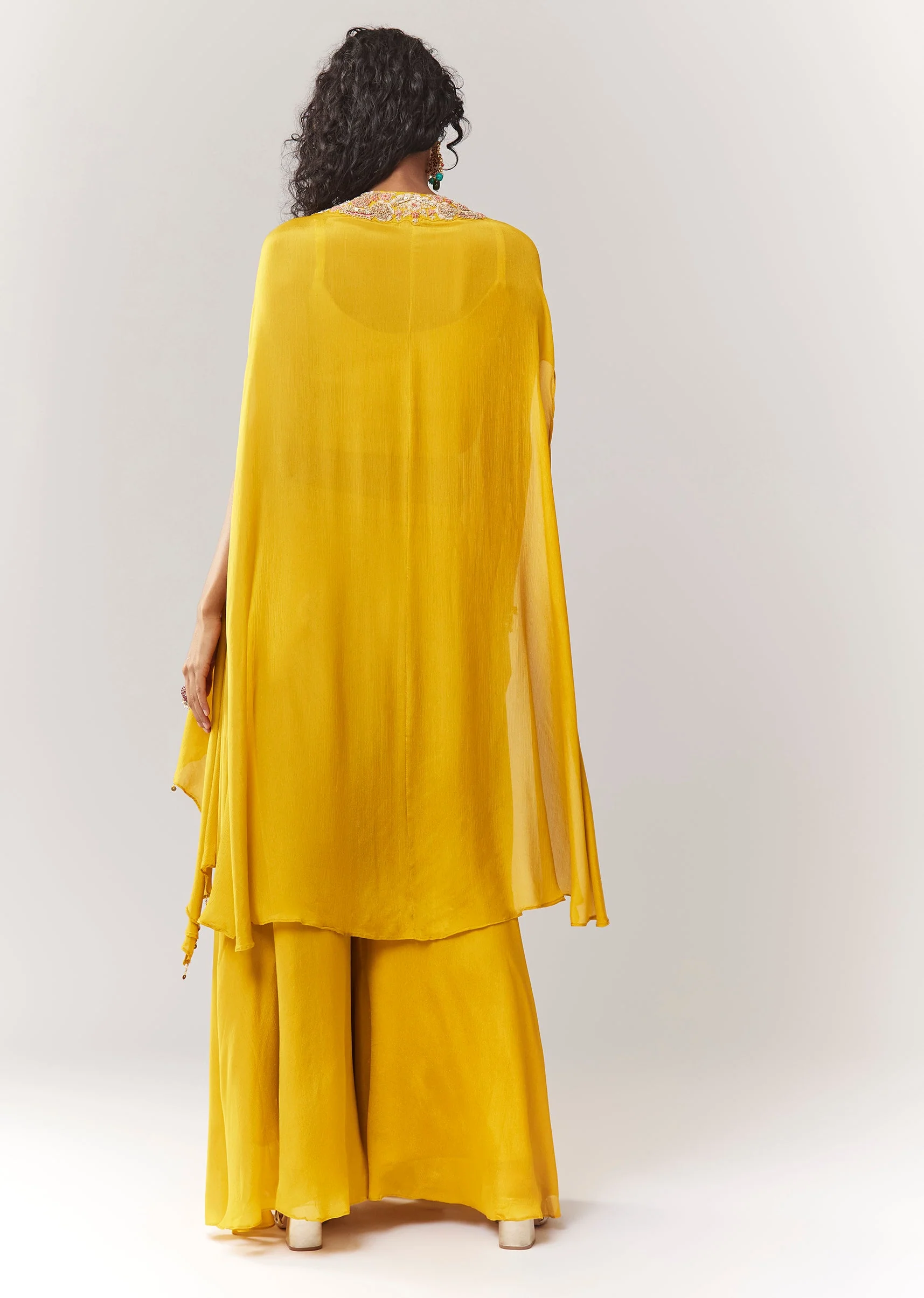 Yellow Zardosi And Moti Cape Set With Palazzo - Image 5