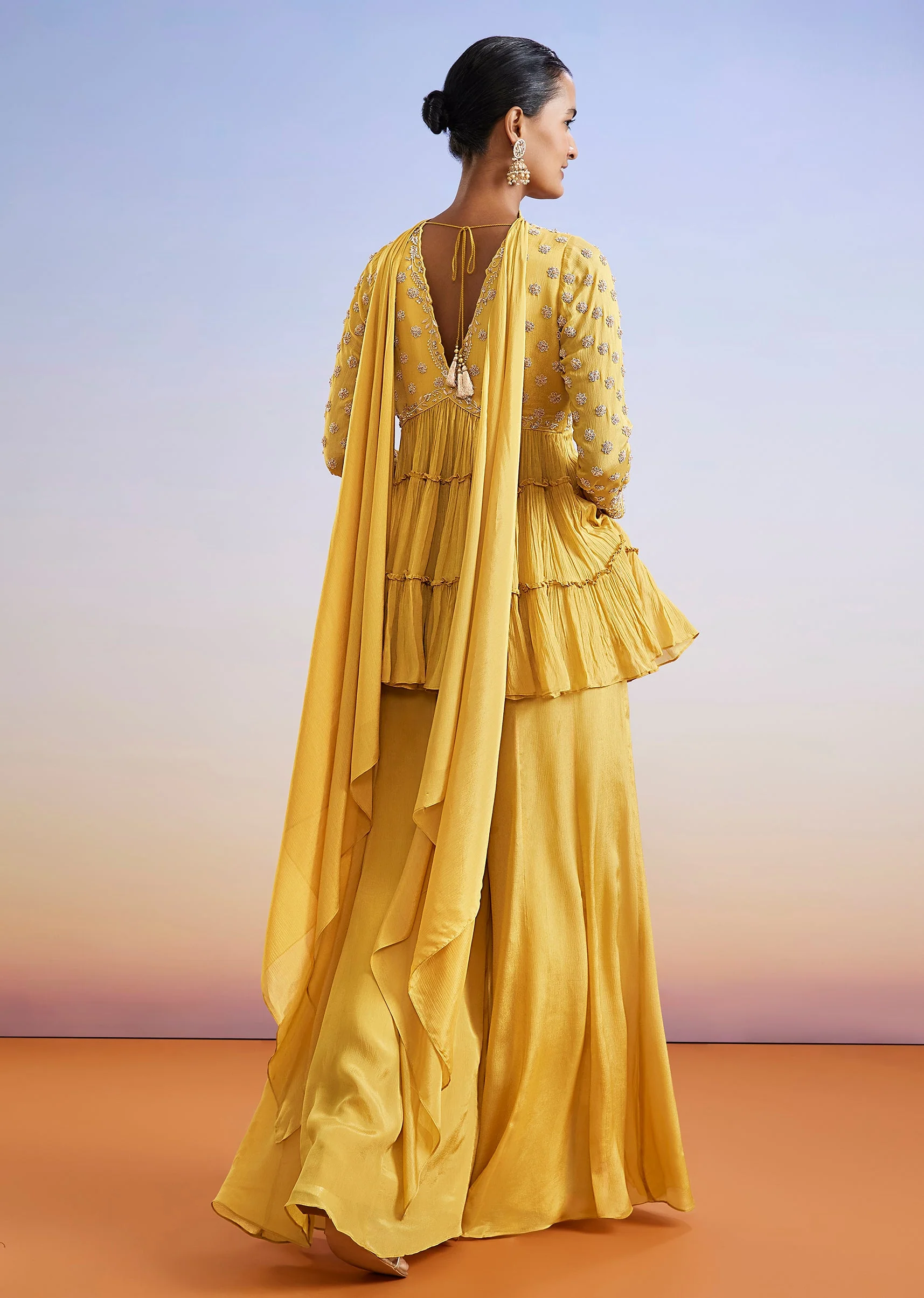 Yellow Zardosi Embroidered Chinon Peplum Palazzo Suit With Dupatta - Image 5