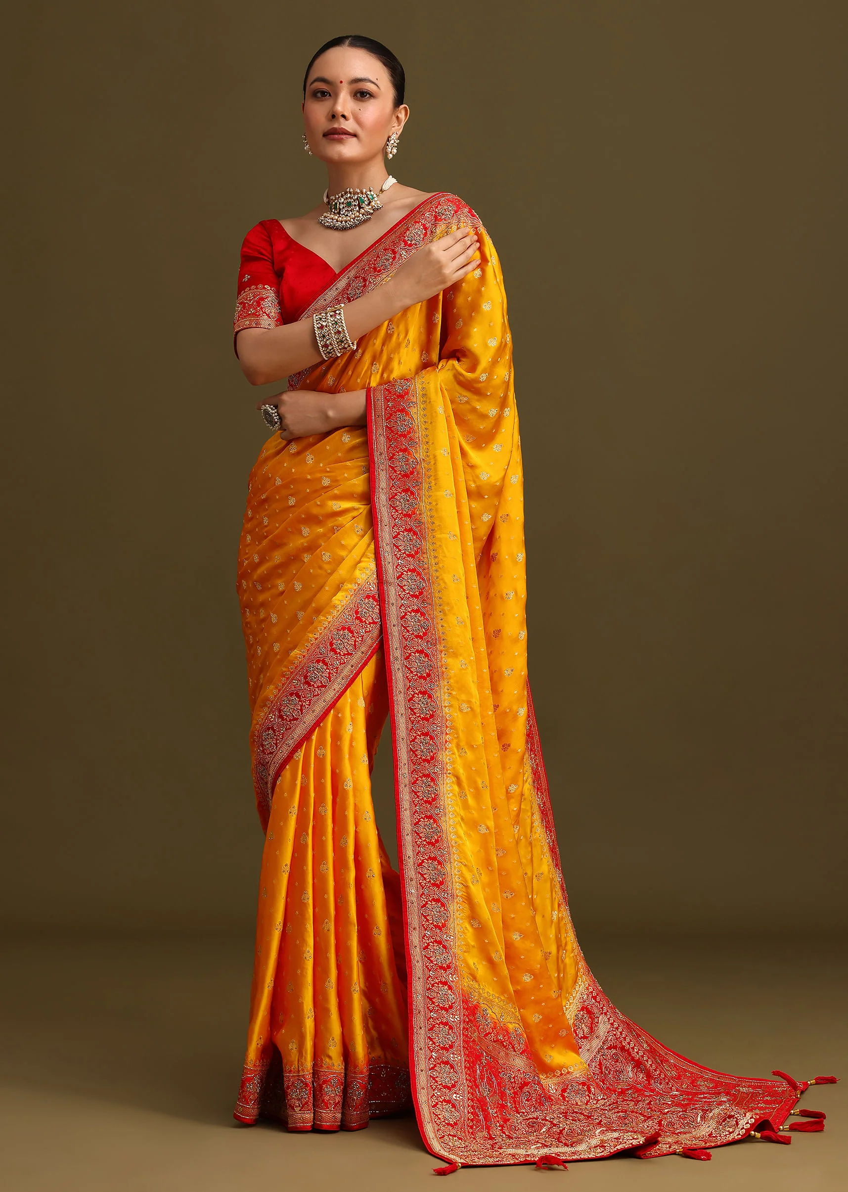 Yellow Zardosi Embroidered Saree With Contrast Pallu Border And Unstitched Blouse - Image 3
