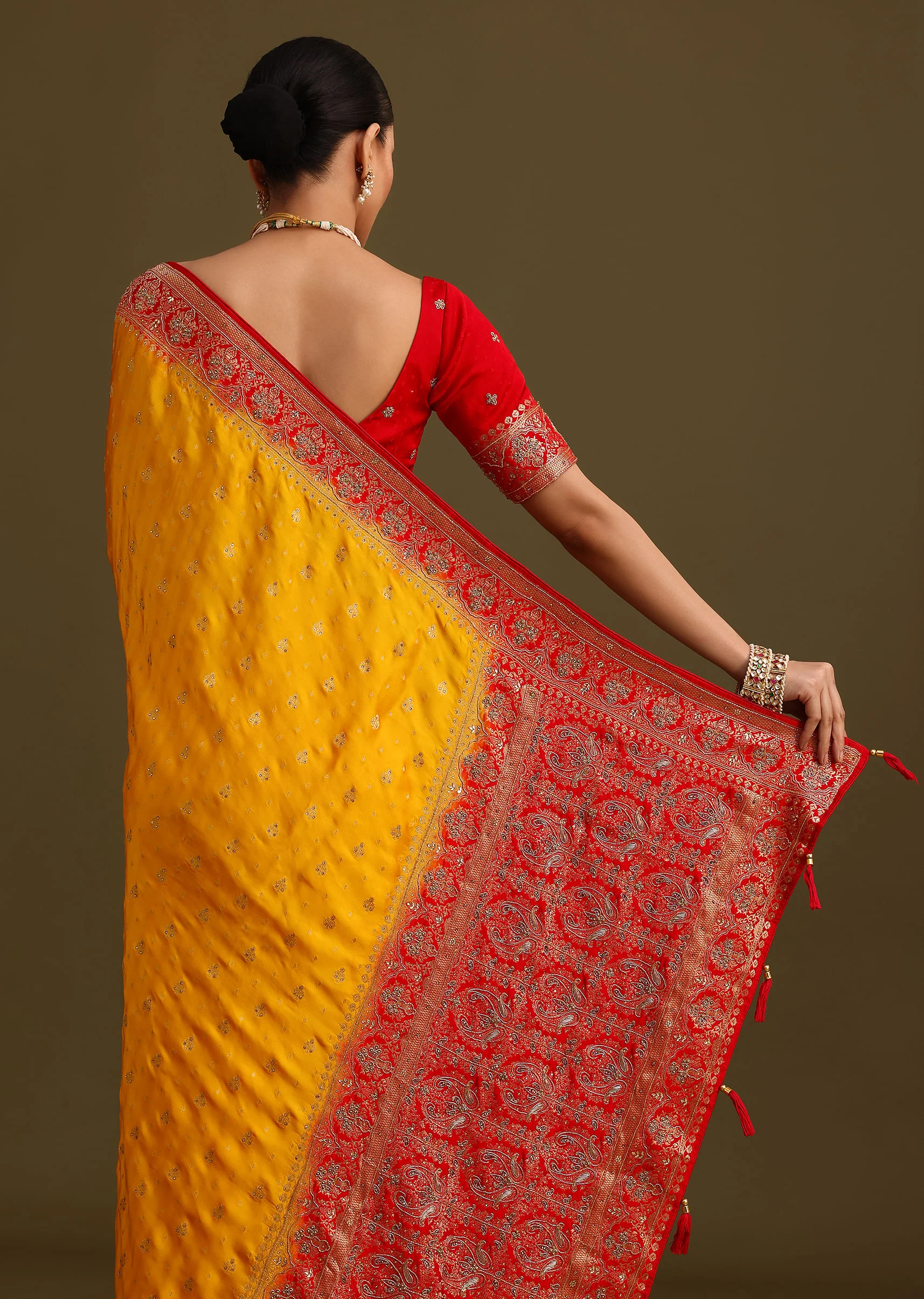Yellow Zardosi Embroidered Saree With Contrast Pallu Border And Unstitched Blouse - Image 4