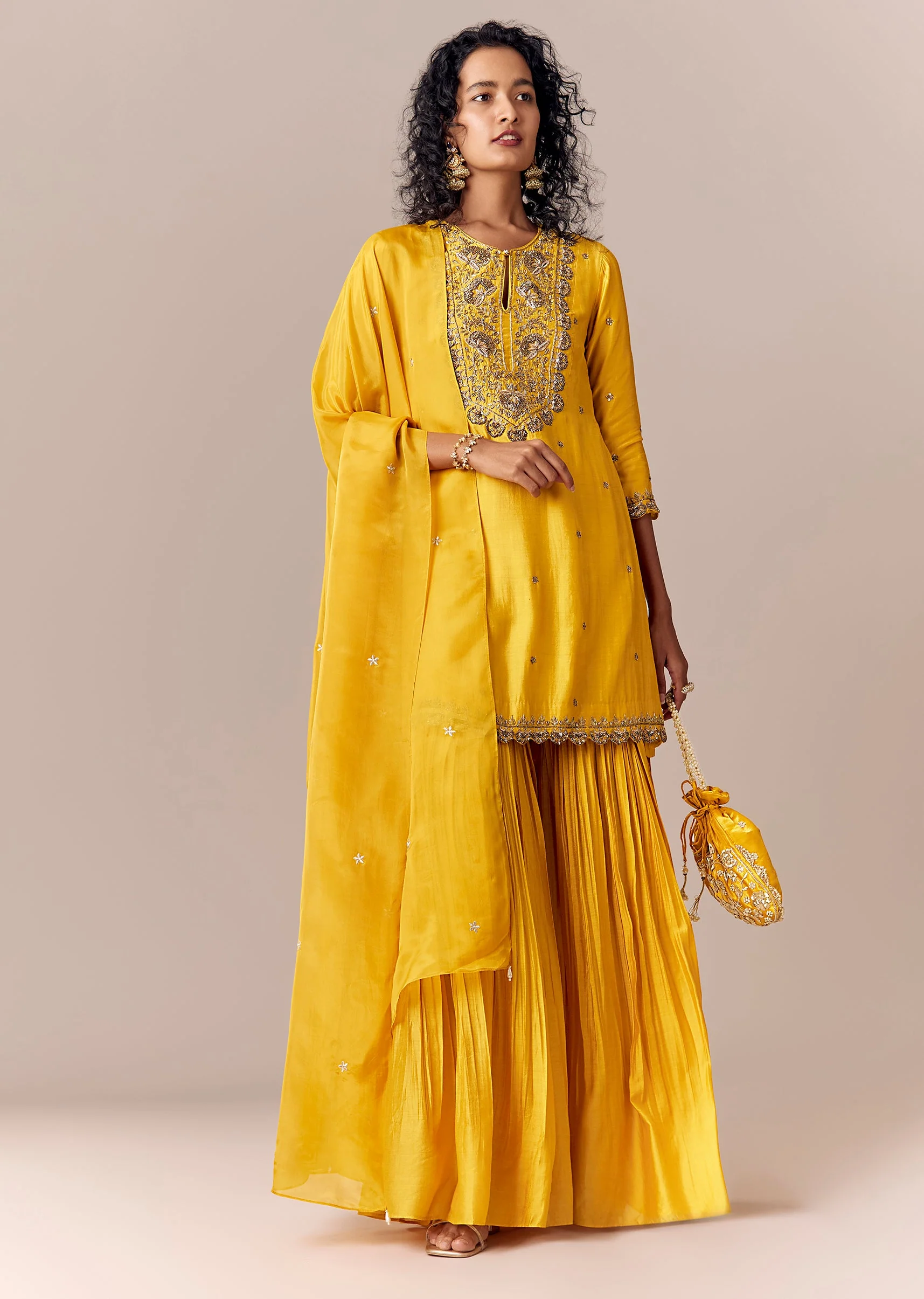 Yellow Zardosi Sharara Set With Dupatta - Image 3