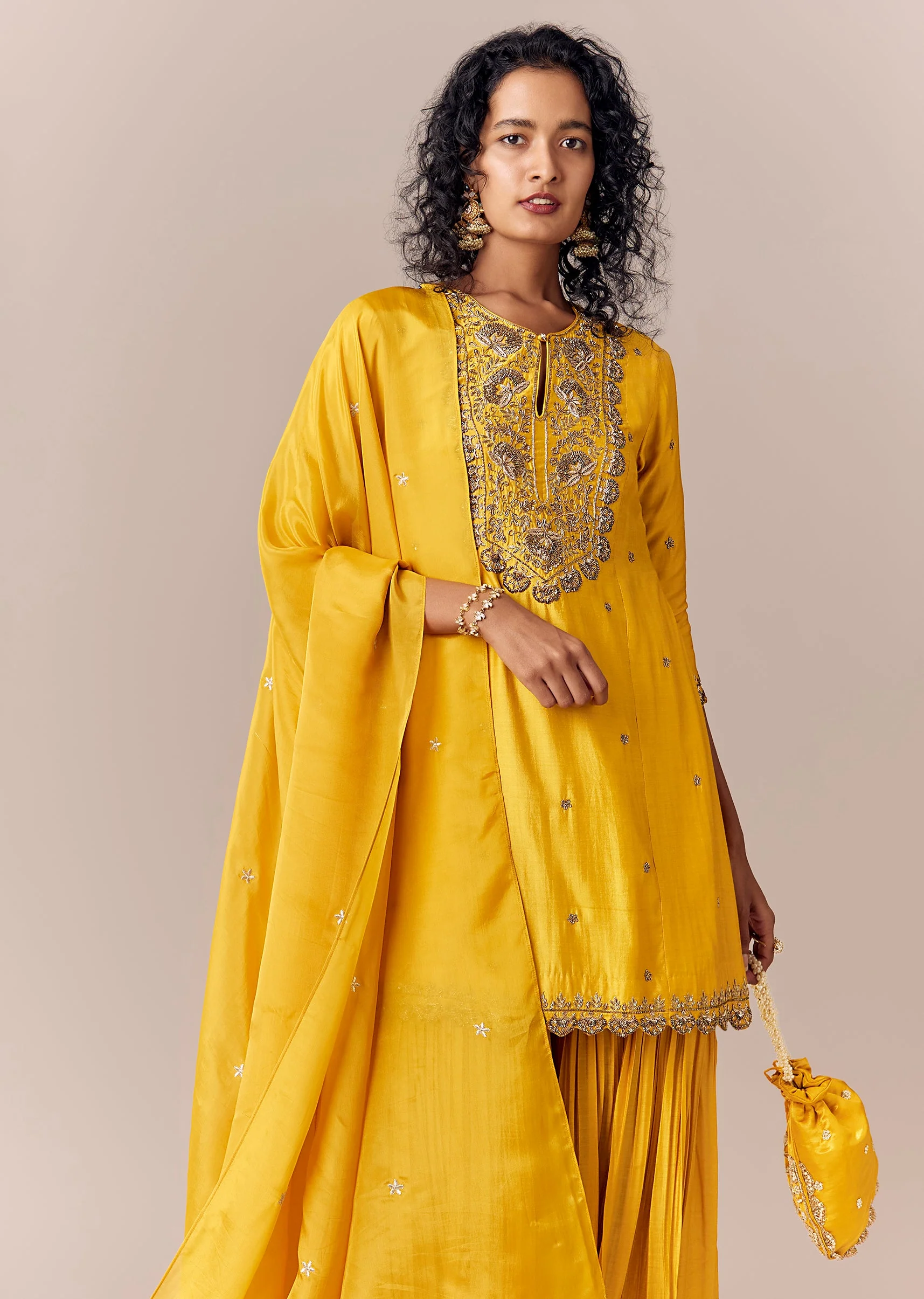 Yellow Zardosi Sharara Set With Dupatta - Image 4