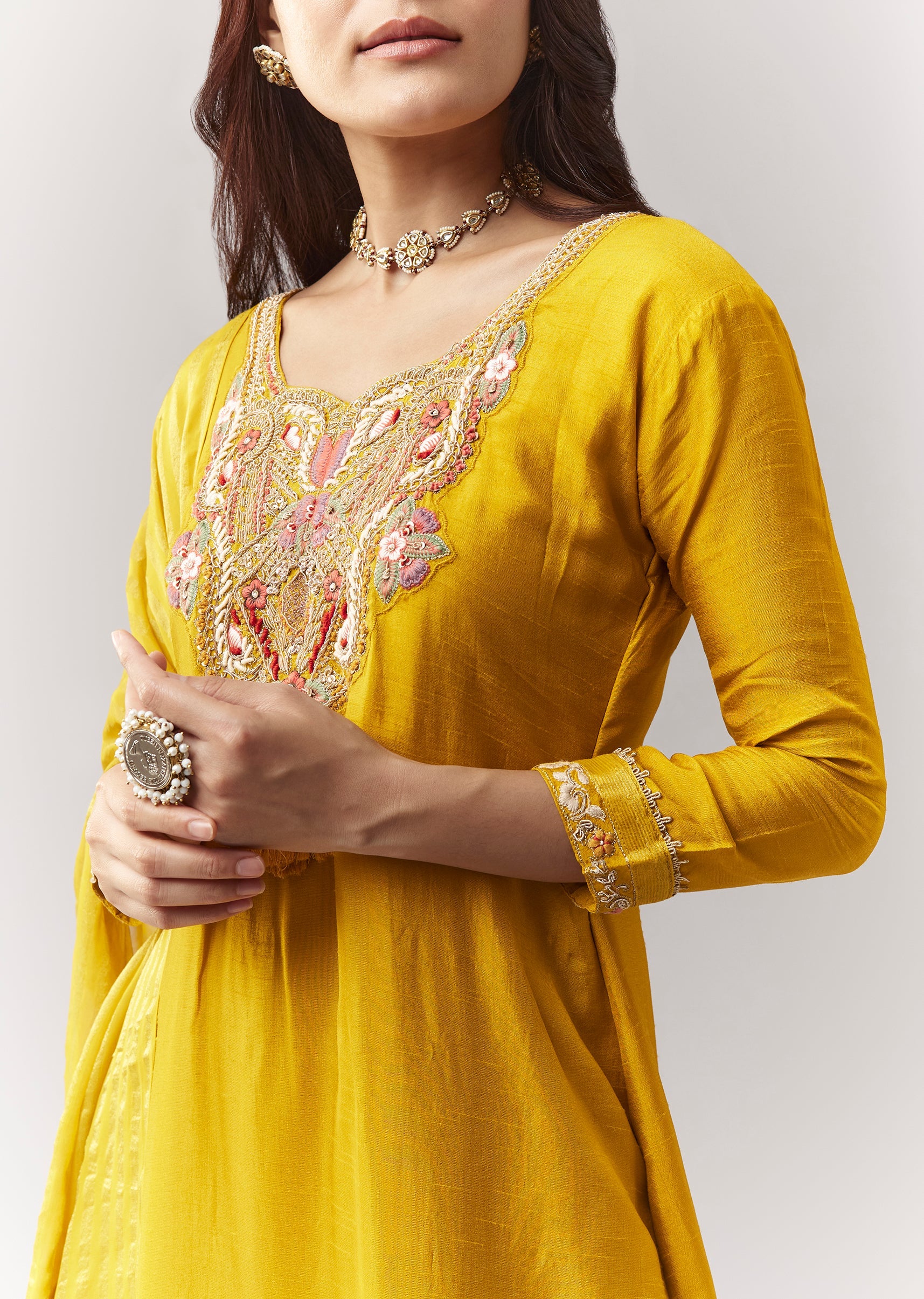 Yellow Zardosi Threadwork Kurta Palazzo Set With Dupatta - Image 2
