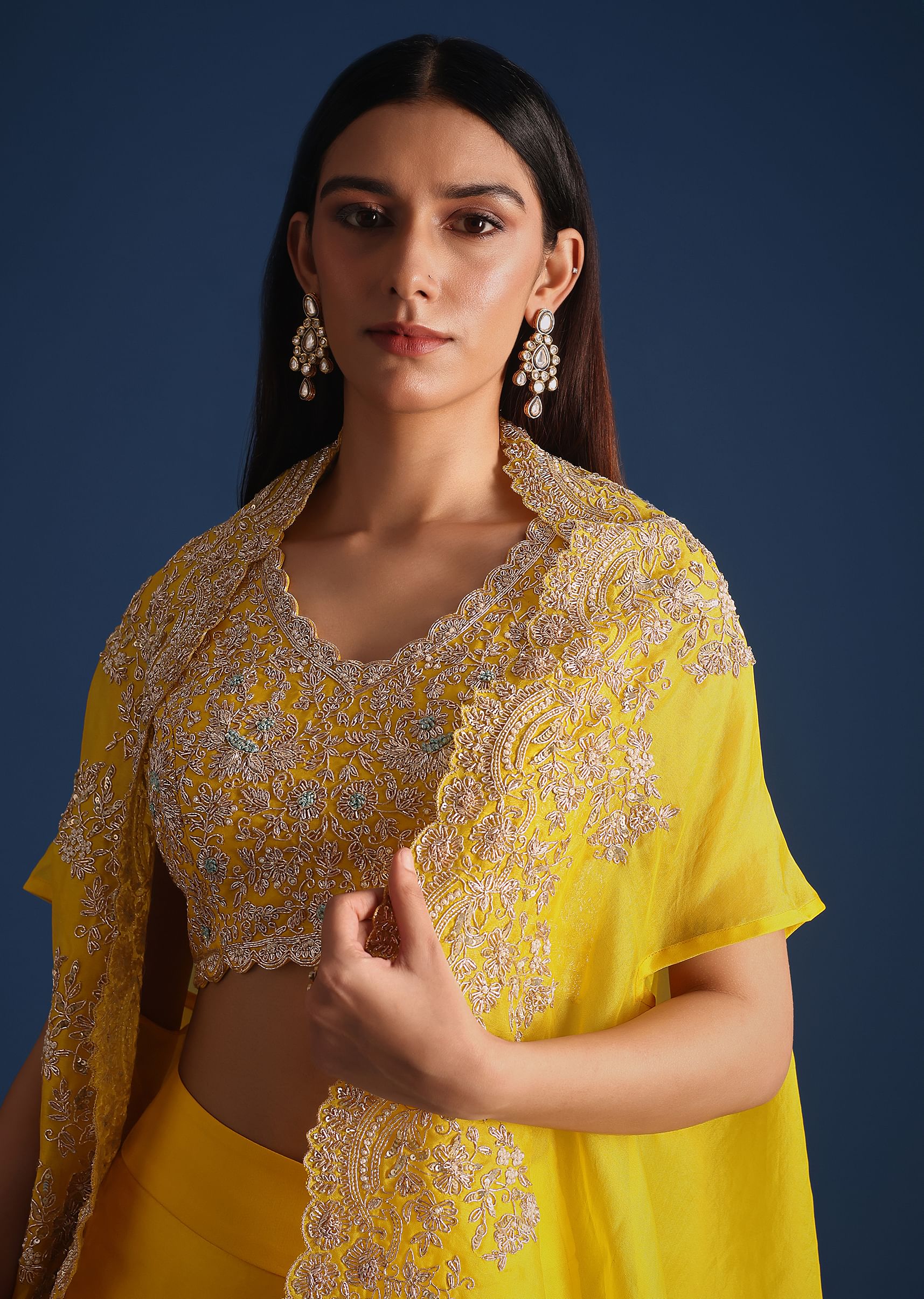 Yellow Zardozi Work Crop Top With Jacket And Skirt - Image 4